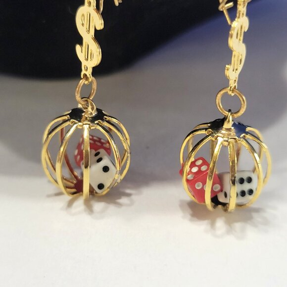 Vintage Caged Dice Dangle Earrings 14K Gold Plated Set of 2 - Picture 5 of 7